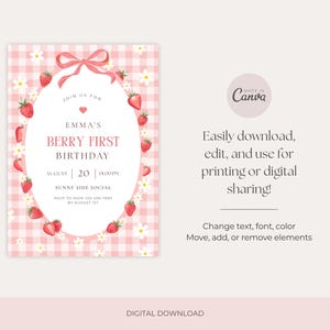 May include: A digital invitation for a berry-themed first birthday. The design features a pink gingham background with strawberries and daisies. The text reads "Emma's Berry First Birthday" with the date August 20th. The Canva logo is visible.