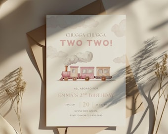 Chugga Chugga Two Two 2nd Birthday Invite, Train 2nd Birthday Party Invitation, Girl Second Birthday, Pink Editable Digital Canva Template