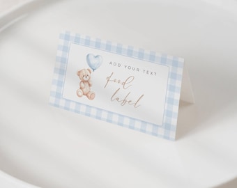 We Can Bearly Wait Baby Shower Food Label Template, We Can Bearly Wait Name Card, Baby Boy, Digital Download, Gingham, Editable Canva