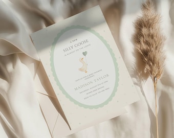 Silly Goose Is Almost On The Loose Baby Shower Invite, Goose Baby Shower, Sage Green, Gender Neutral, Digital Invitation, Canva Template