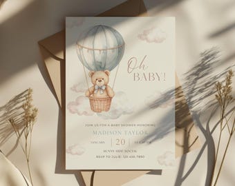 Teddy Bear Hot Air Balloon Baby Shower Invitation, Oh Baby Blue Baby Shower Invite, Boy Baby Shower, Cloud Invite, Editable Canva Template