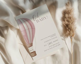 Sjabloon babyshower, uitnodiging babyshower Oh Baby roze, babyshower meisje, heteluchtballon, bewerkbare canvassjabloon