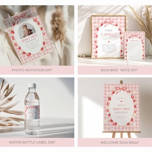 May include: A collection of party supplies with a berry theme. Includes a photo invitation, a sign, a note card, a water bottle label, and a welcome sign. The designs feature a pink gingham pattern, strawberries, and the text "Berry First Birthday".