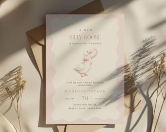 Dumme Gans ist fast auf freiem Fuß Babyparty einladen, Gans-Babyparty, rosa, Babyparty für Mädchen, digitale Einladung, Canva-Vorlage