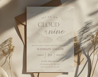On Cloud Nine Neutral Baby Shower Invite, Beige Baby Shower Invitation, On Cloud 9, Printable, Mobile, Digital Invite, Canva Template