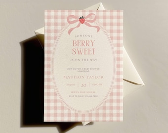 Strawberry Baby Shower Invitation, Berry Sweet Baby On The Way Invite, Pink Digital Invite, Ribbon, Gingham, Minimalist, Editable Canva