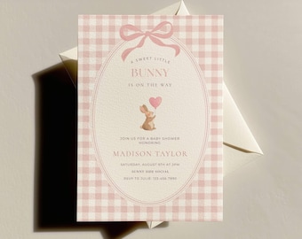 Bunny Baby Shower Invite, Some Bunny Is On The Way Invitation, Rabbit, Pink Digital Invite, Ribbon, Baby Girl, Editable Canva Template