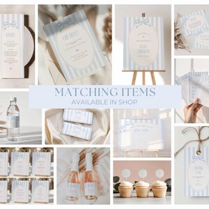 May include: A collage of baby shower stationery in light blue and white. Items include invitations, menus, signs, cupcake toppers, and favor tags. The text "Matching Items Available in Shop" is displayed.