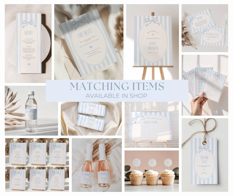 May include: A collage of baby shower stationery in light blue and white. Items include invitations, menus, signs, cupcake toppers, and favor tags. The text "Matching Items Available in Shop" is displayed.