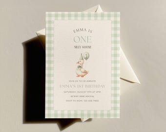 Sage Green One Silly Goose Birthday Invitation, 1st Birthday Invite Template, Goose Digital Invite, Gingham, Gender Neutral, Editable Canva