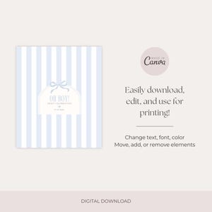 May include: A digital download invitation with a blue and white striped background. The invitation features the text "OH BOY!" in a decorative font, with a bow graphic. The Canva logo is visible.