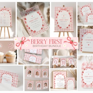 Beere zum ersten Geburtstag Bundle, Erdbeer-Geburtstagsdekorationsset, 1. Geburtstag einladen Set, Gingham, druckbares bearbeitbares Canva-Vorlagenpaket