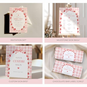 May include: A set of pink and white strawberry-themed party supplies. Includes an invitation, milestone sign, custom sign, and chocolate bar labels. The invitation is 5x7 inches, the milestone sign is 18x24 inches, the custom sign is 8x10 inches, and the chocolate bar label is 5.2x6.2 inches.