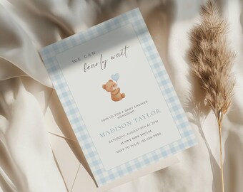 We Can Bearly Wait Baby Shower Invitation, Teddy Bear Baby Shower Invite, Baby Boy Shower, Digital Invite, Blue Gingham, Canva Template