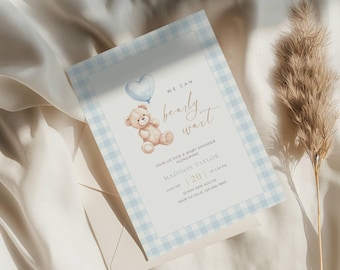 We Can Bearly Wait Baby Shower Invitation, Teddy Bear Baby Shower Invite, Baby Boy Shower, Gingham, Blue Balloons, Digital Canva Template
