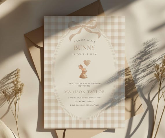 Bunny Baby Shower Invite, Some Bunny Is On The Way Invitation, Rabbit, Beige Digital Invite, Gender Neutral, Ribbon, Editable Canva Template