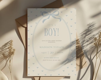 It's A Boy Baby Shower Invite, Baby Boy Shower Invitation, Blue Digital Invite, Ribbon, Minimalist, Editable Canva Template