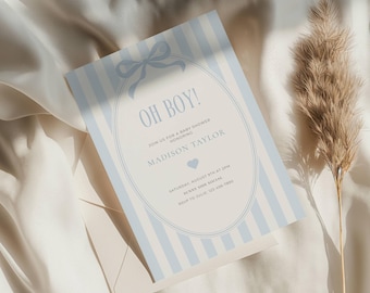 Oh Boy Baby Shower Invite, Baby Boy Shower Invitation, Blue Digital Invite,  It's A Boy, Ribbon, Minimalist, Editable Canva Template