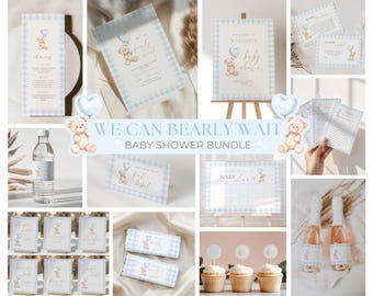 We Can Bearly Wait Baby Shower Bundle, Teddy Bear Invite Set, Boy Blue Gingham Decorations Bundle, Printable Editable Canva Templates