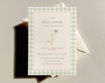 Silly Goose Is Almost On The Loose Baby Shower Invite, Goose Baby Shower, Sage Green, Gender Neutral Baby Shower, Digital, Gingham, Canva