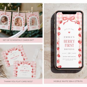 May include: A collection of baby shower stationery with a strawberry theme. Includes monthly cards with baby photos, thank you cards, and a mobile invitation. The cards have a pink gingham pattern and strawberry illustrations.