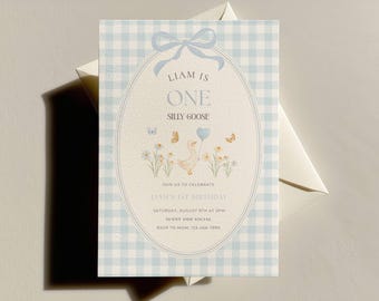 Zaproszenie urodzinowe One Silly Goose, szablon zaproszenia na pierwsze urodziny, cyfrowe zaproszenie Blue Goose, kratka gingham, urodziny chłopca, edytowalny Canva