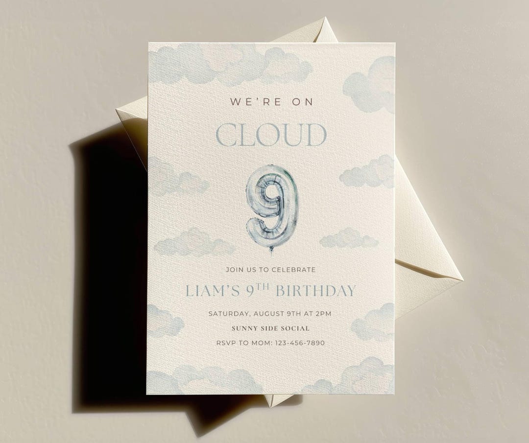 On Cloud Nine Birthday Invite, on Cloud 9, Blue Cloud Nine Birthday ...