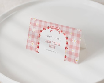 Berry First Birthday Food Label Template, Strawberry Birthday Name Card, 1st Birthday, Digital Download, Gingham, Editable Canva