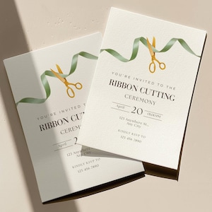 May include: Two cream-coloured invitation cards with the text "You're Invited to the Ribbon Cutting Ceremony." Each card features a gold pair of scissors cutting a green ribbon. The date is April 20.