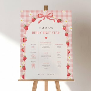 May include: A pink and white gingham sign on an easel, with the text "EMMA'S BERRY FIRST YEAR." The sign has a strawberry and flower border, with details about height, weight, favourite foods, nicknames, and more. The date August 20, 2025 is also included.