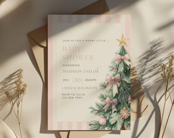 May include: Baby shower invitation with a Christmas tree design. The invitation features a pink and white striped border and includes the text "Join us for a Merry Little Baby Shower" and event details. A gold star and pink bows decorate the tree.