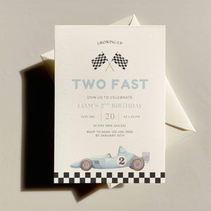 May include: A cream-coloured birthday invitation with the text "TWO FAST" in light blue. The invitation includes a watercolour illustration of a blue race car and checkered flags. The invitation is for Liam's 2nd birthday.