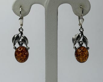 Baltic Amber Earrings, Sterling Silver Dangle Earrings, Cognac Gemstone Jewelry