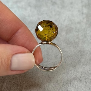 Genuine Baltic Amber Ring with Sterling Silver 925.Natural Green Amber Stone Ring Adjustable.Faceted Baltic Amber Stone Jewelry Ring.
