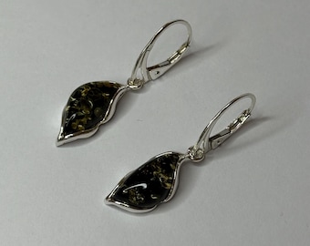Baltic Amber Dangle Earrings, Sterling Silver,Greenish Amber Earrings.