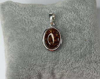 Natural Cognac Baltic Amber Pendant, Sterling Silver 925