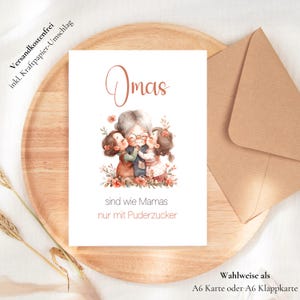Grußkarte für Oma – "Omas sind wie Mamas nur mit Puderzucker" – liebevolle Karte zum Geburtstag, Dankeschön, Karte für Oma mit Umschlag