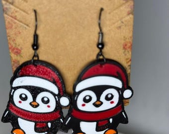 Pendientes navideños de pingüino, joyería navideña, accesorio de invierno, colgante festivo, gorro de Papá Noel, regalo para amantes de los animales, decoración navideña adorable, calcetín para fiestas
