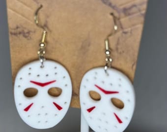 Pendientes con forma de máscara de hockey. Idea de regalo para fanáticos del terror. Accesorio de disfraz de Halloween. Joyería inspirada en Jason Voorhees de Viernes 13. Película de miedo.