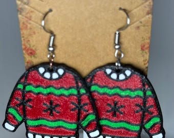 Pendientes de suéter navideño, regalo navideño, joyería festiva, accesorio de invierno, suéter feo, diseño en miniatura, pieza colgante navideña llamativa, rojo