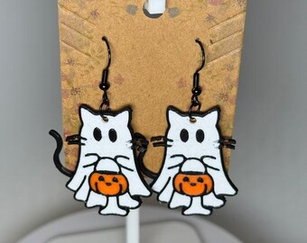 Pendientes de gato fantasma, accesorio de Halloween, joyería de disfraz, regalo para amantes del disfraz, diseño de calabaza blanca, decoración festiva de temporada de sustos