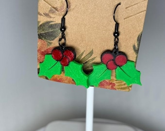 Pendientes navideños de acebo, diseño festivo, joyería botánica, accesorio de invierno, regalo navideño para celebrar las fiestas.