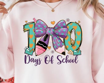 100 Days Of School Png, Coquette Pencil Bow, Teacher Design (Digital Download)