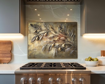 Glass Kitchen Stove Backsplash, Golden Olive Tempered Glass Backsplash Behind Stove, Rustic Stove Backsplash, Glass Backsplash for Kitchen