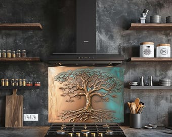 Tree of Life Tempered Glass Kitchen Backsplash Heat Resistant Stove Splash Guard Custom Size Glass Wall Panel Rustic Stove
