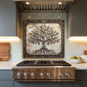 Tree of Life Glass Kitchen Backsplash Heat Resistant Tempered Glass Backsplash for Kitchen Backsplash Behind Stove Rustic Stove Backsplash