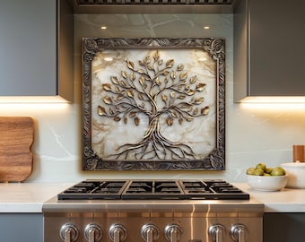 Protector contra salpicaduras de vidrio templado resistente al calor para cocina, diseño de árbol de la vida, para colocar detrás de la estufa, estilo rústico.