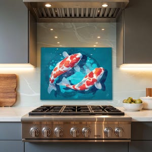 Dosseret de cuisine Coque arrière pour poêle à poisson Koi, verre trempé rustique, Art mural, couvercle supérieur pour décoration de cuisine à gaz