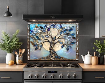 Tree of Life Glass Backsplash for Kitchen Tempered Glass Backsplash for Kitchen Backsplash Behind Stove Back Cover Rustic Stove Wall Protect