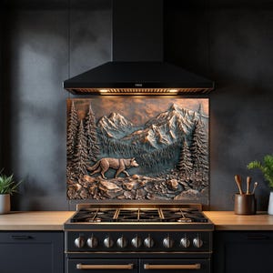 Copper Look Alone Wolf Glass Backsplash for Modern Kitchen Decor Splashback Stove Back Cover Tempered Glass Wall Art Backsplash for Stove